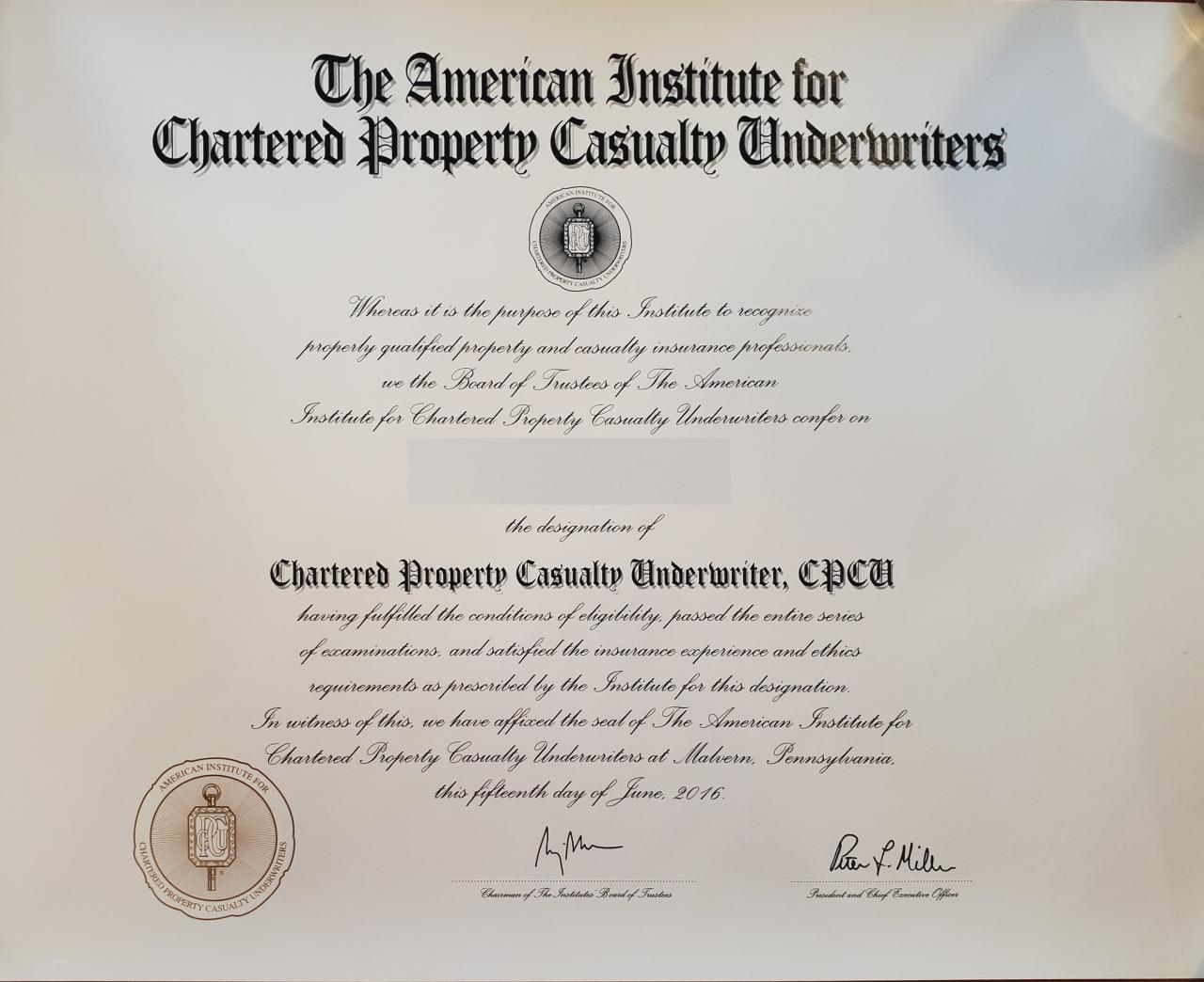 designations certificate cpcu professional designation examinations subjects completed follow