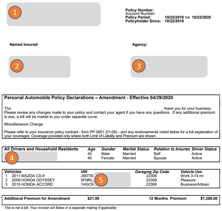 Car insurance declaration page